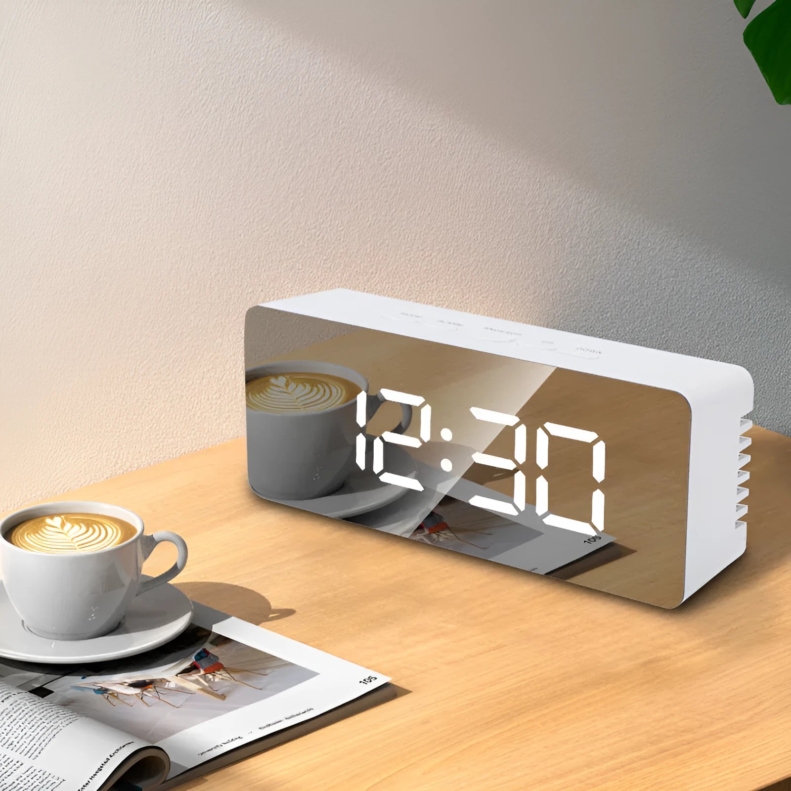 LED digital mirror desktop alarm clock with USB cable, plastic shell, rectangular white light