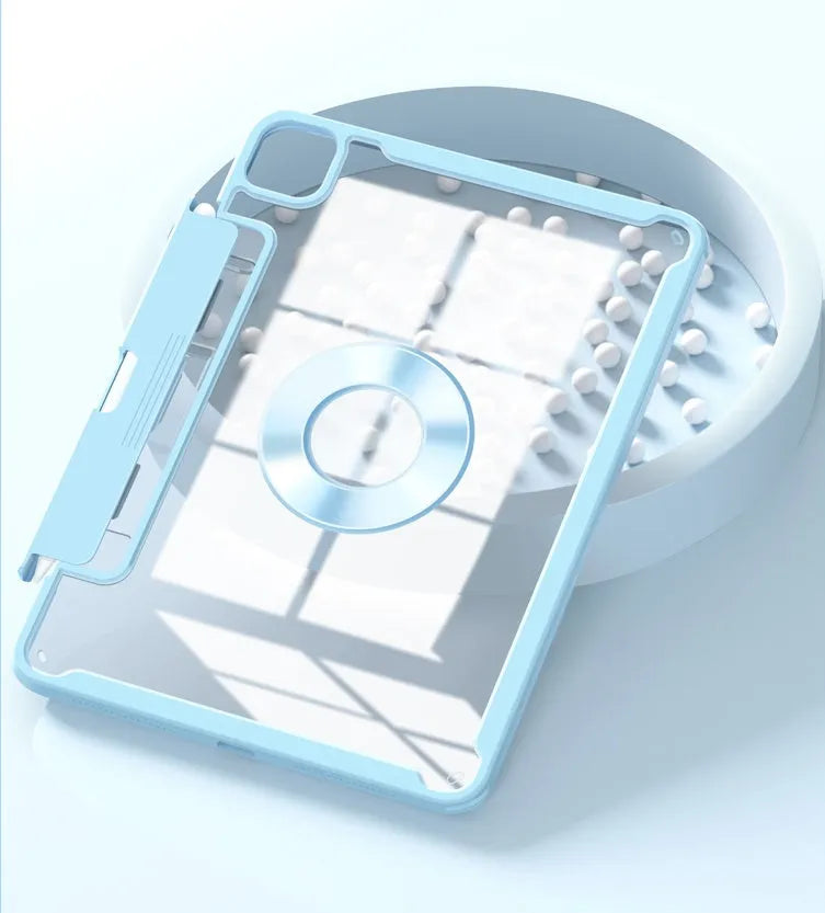 Magnetic iPad protective case in multiple colours showing retractable drawer for Apple Pencil.