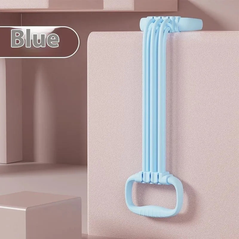 Blue adjustable 6-gear chest expander with open shoulder design and TPE tensile rope