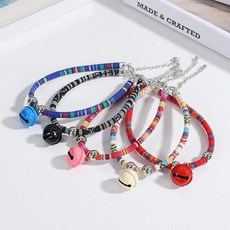 Coloured ethnic style adjustable pet collar with bell for cats and small dogs