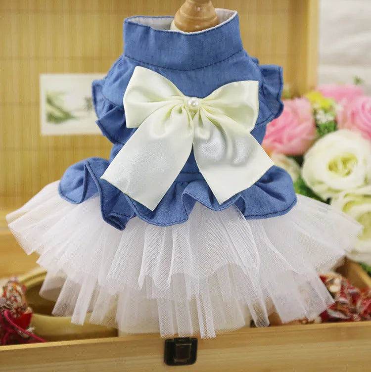 Korean style denim pet skirt with bow decoration for dogs in pink or white