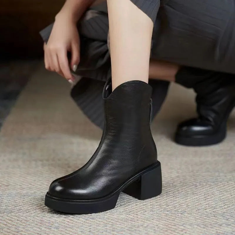 Women's thick heel martin boots with back zipper round toe black artificial PU