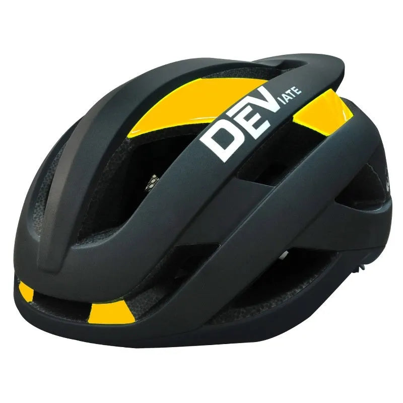 Adult mountain bike helmet in matte black with coloured accents, showing adjustable fit and breathable vents.