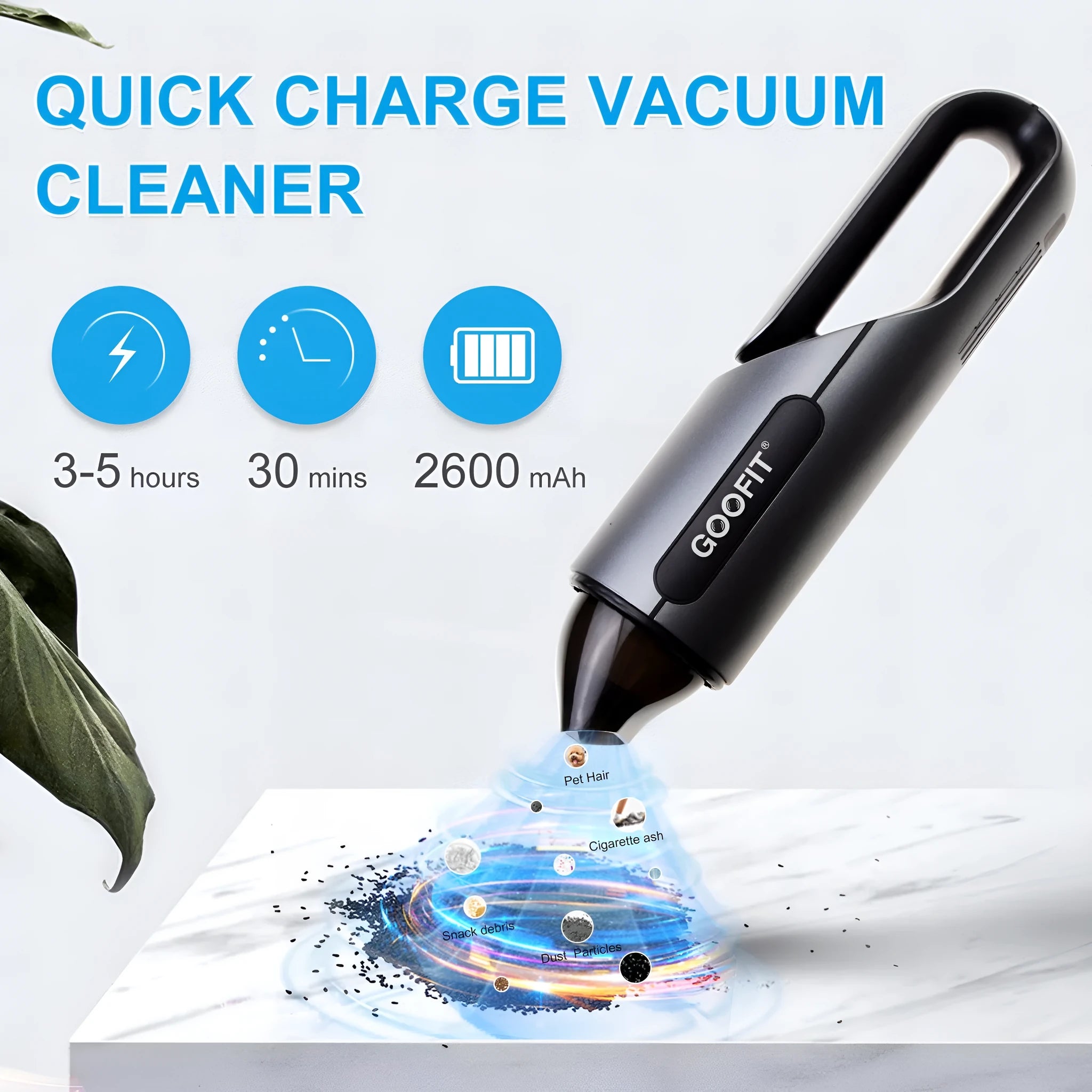 Black portable handheld car vacuum cleaner with brush and flat attachments on vehicle seat