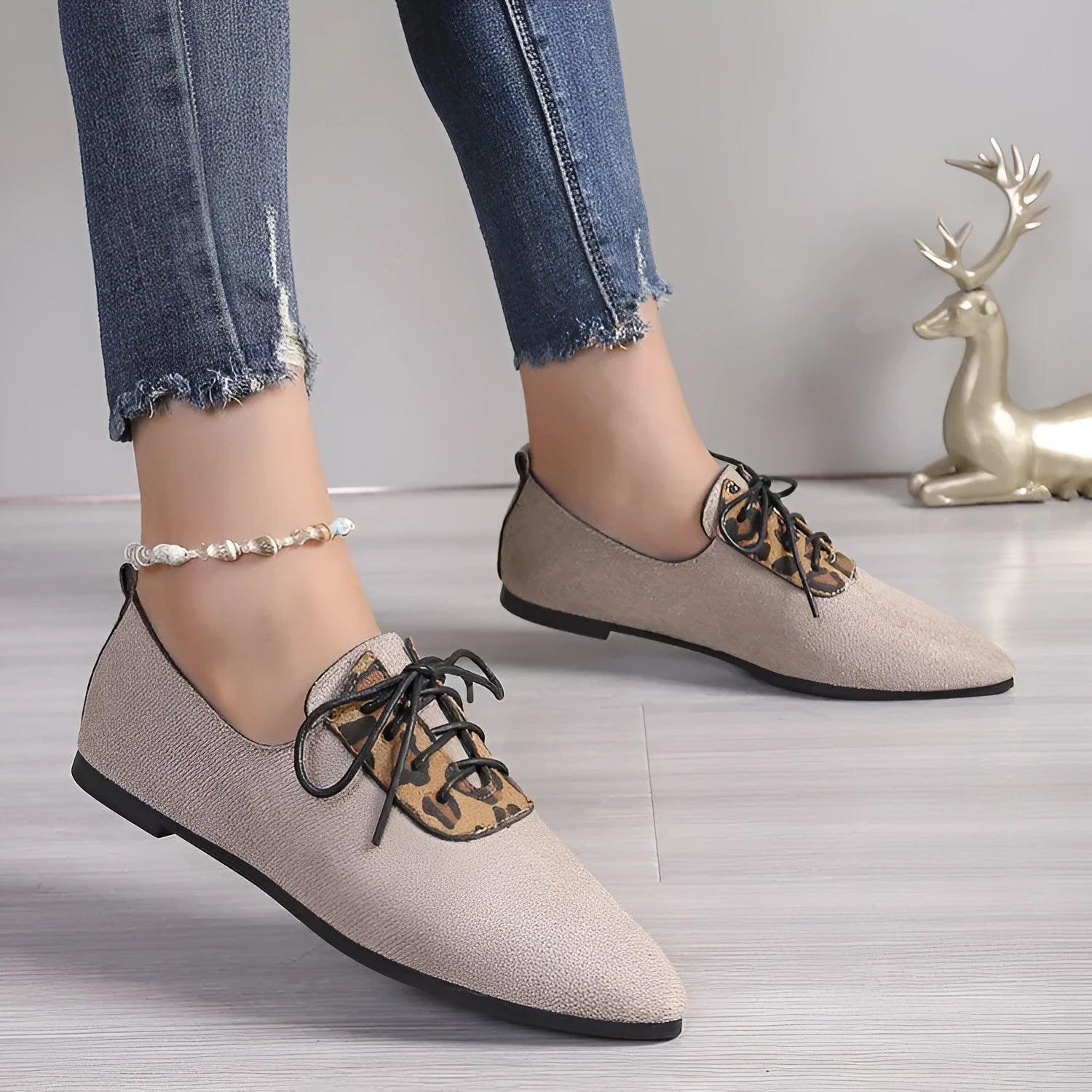 Beige leopard print pointed toe pumps for women in plus sizes 36-43 with artificial PU upper