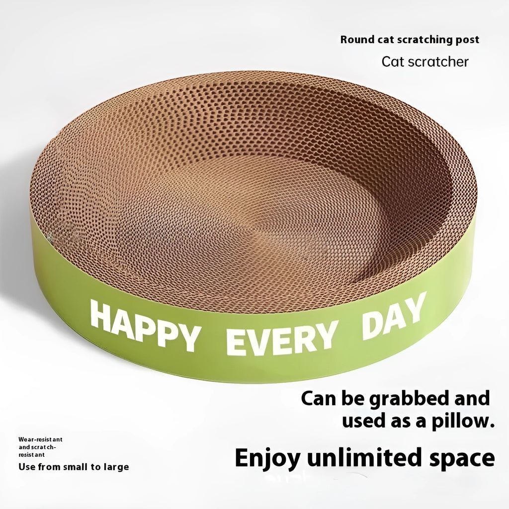 Green round cat nest with integrated scratching board, shown in 50cm and 55cm size options.