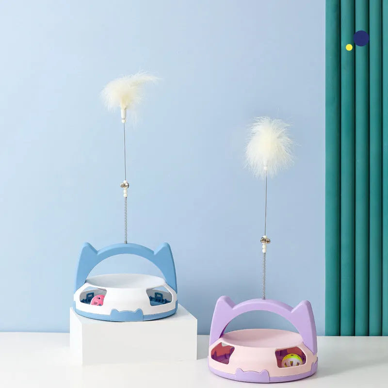 Bite-resistant cat wand toy with spinning coloured balls on nylon cord for interactive play
