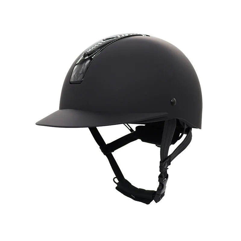 Lightweight black and silver equestrian riding helmet on a white background.