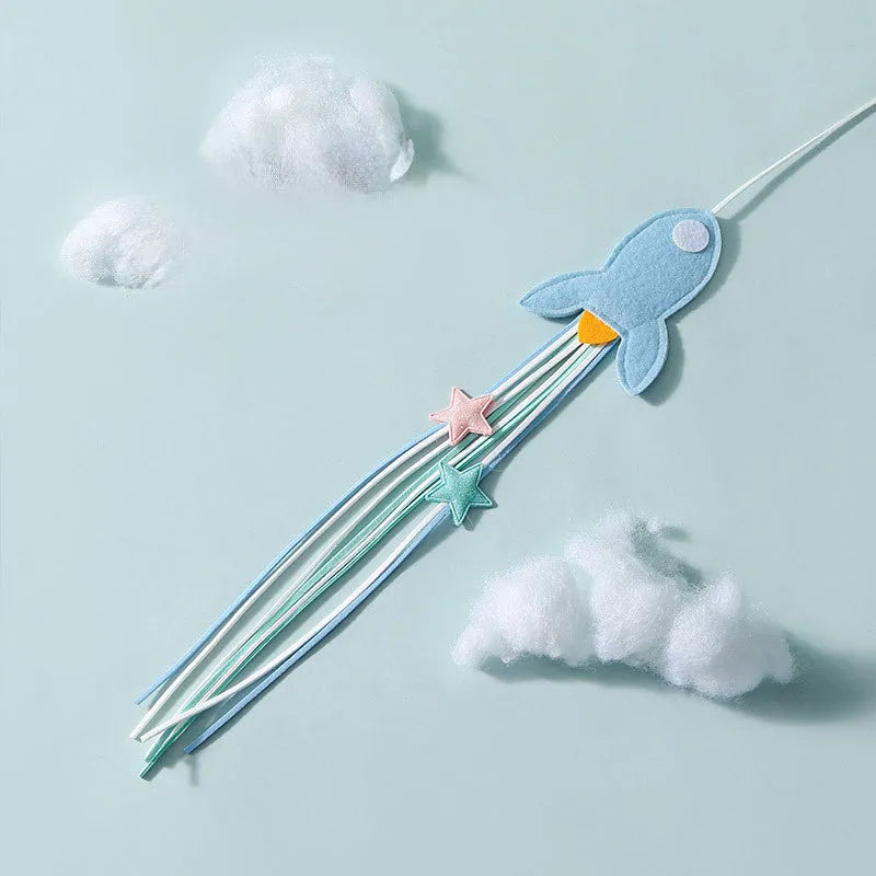 Blue and green cat teaser wands with feather attachments and long bite-resistant poles