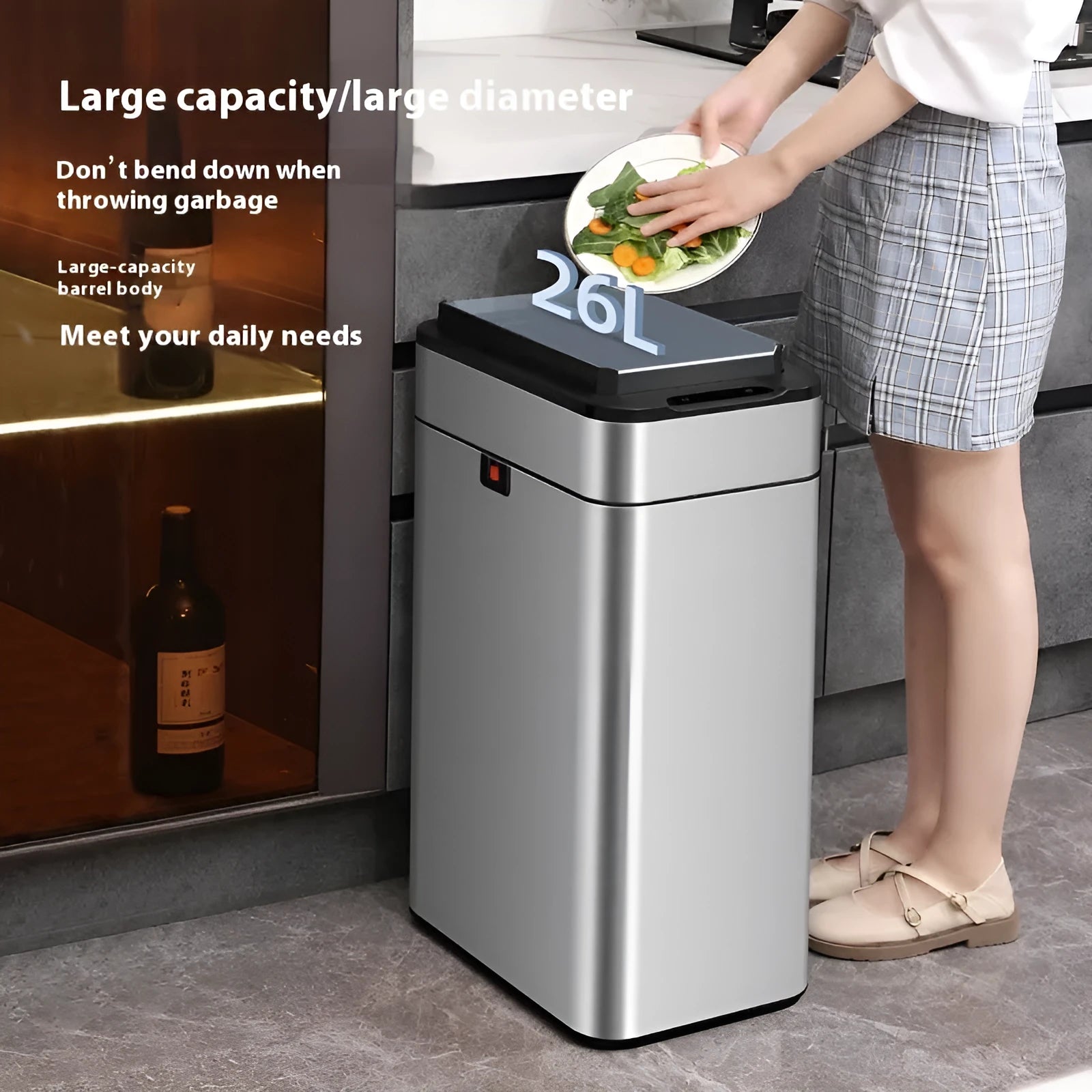 Stainless steel inductive smart trash can with square design and deodorant properties