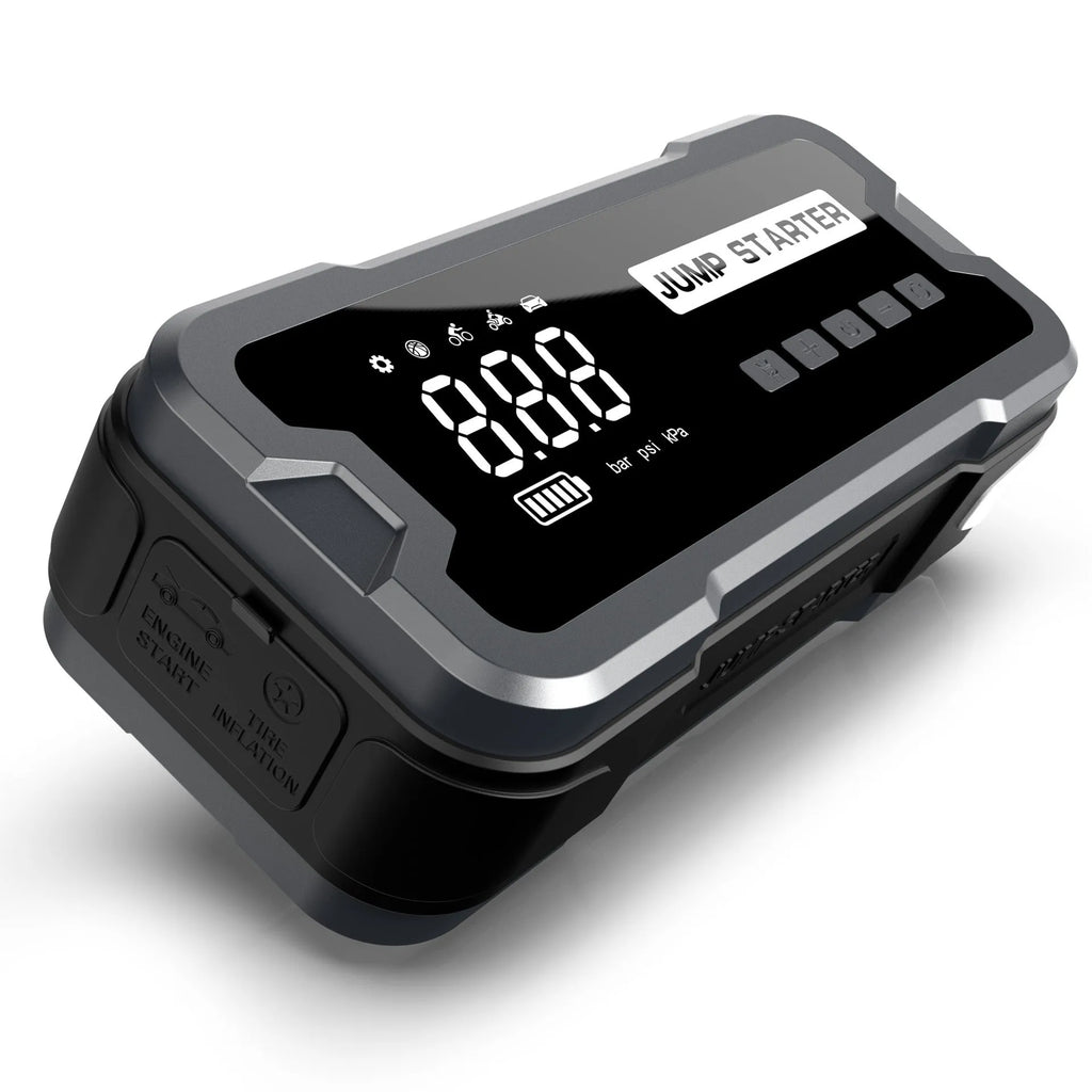 CY53 car emergency jump starter power bank unit with LCD display and LED lights.