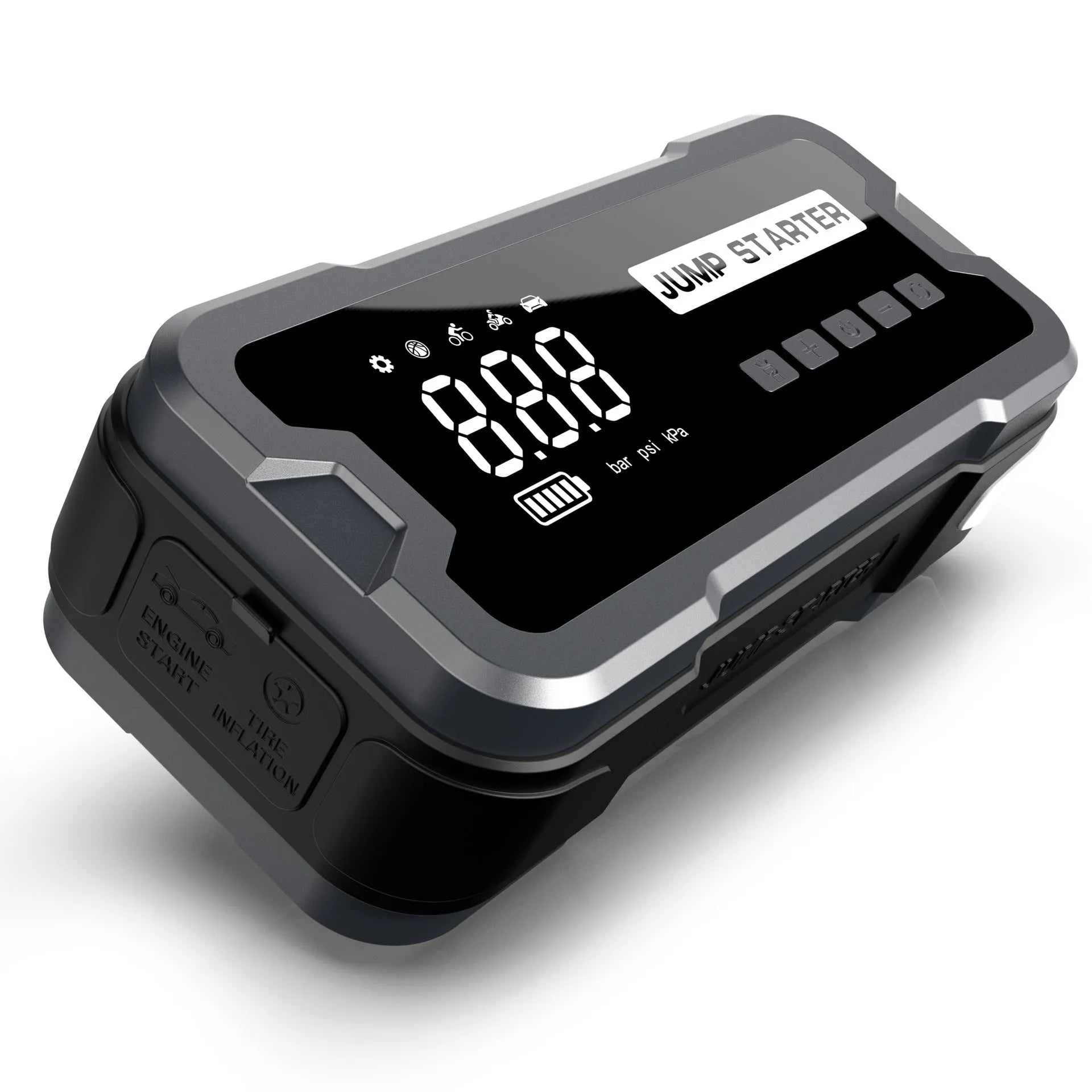 CY53 car emergency jump starter power bank unit with LCD display and LED lights.