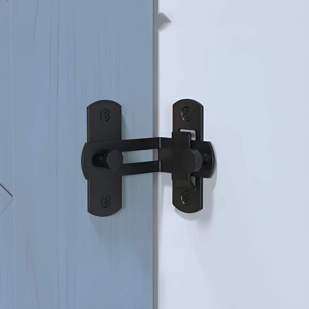 90-degree black carbon steel and stainless steel sliding door hasp lock for barns and warehouses.