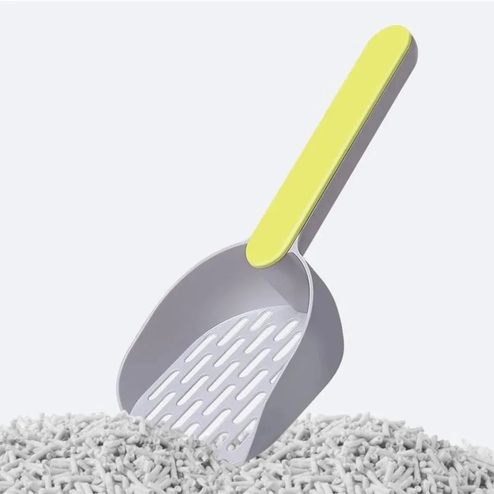 Blue plastic cat litter scoop with sifting holes for cleaning a litter box.