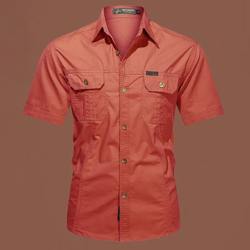 Men's short sleeve cotton work shirt in a loose cardigan style, shown in a selection of colours.
