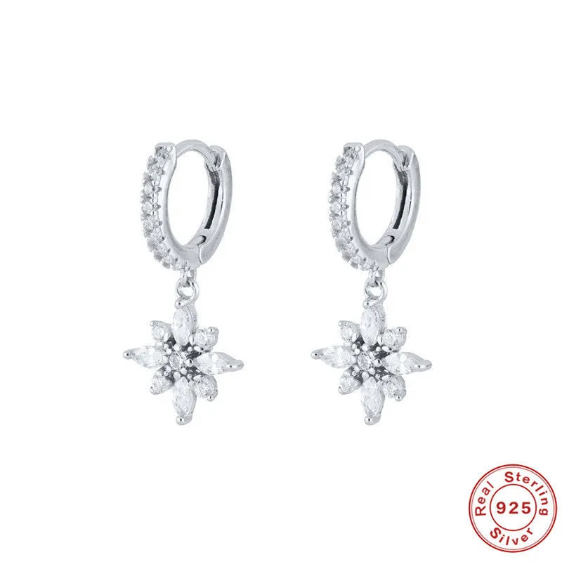 Sterling silver geometric snowflake earrings with diamond accents in yellow or white gold colour