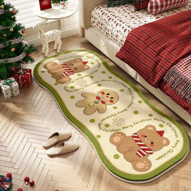 Alien-shaped imitation cashmere Christmas carpet with festive patterns on a wooden floor.
