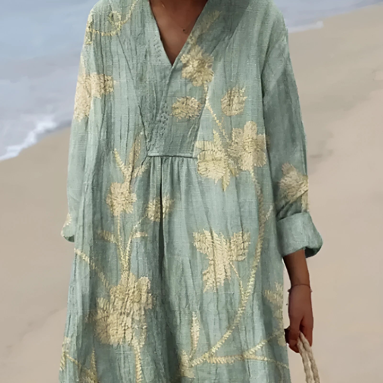 Women's casual floral 3D printed shirt dress with a wide waist and long skirt.