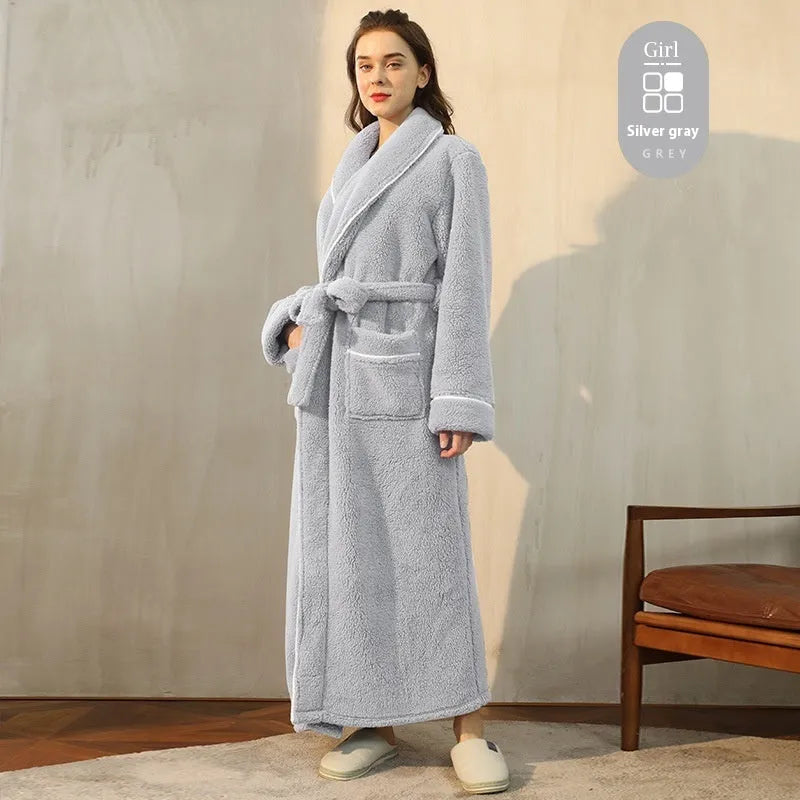 Thick flannel winter bathrobe for couples in multiple colour options like navy blue and cherry yellow.