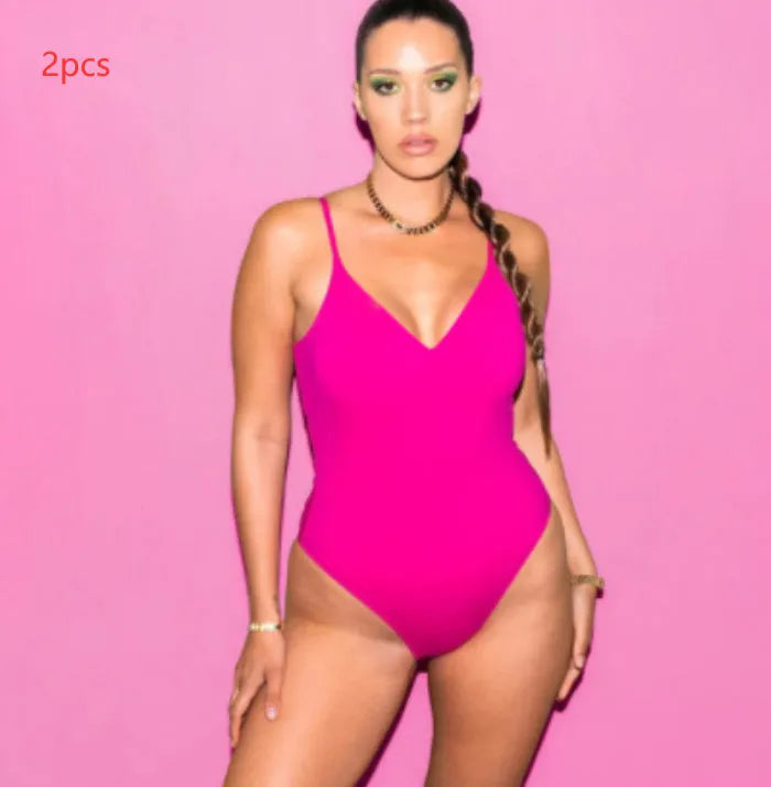 Women's backless triangle bikini set in solid colour with two matching pieces