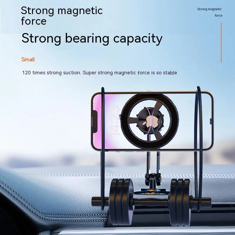 All-metal magnetic car phone holder in black, mounted on a dashboard with a smartphone attached.