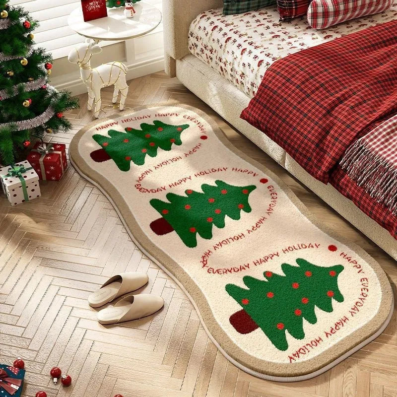 Alien-shaped imitation cashmere Christmas carpet with festive patterns on a wooden floor.