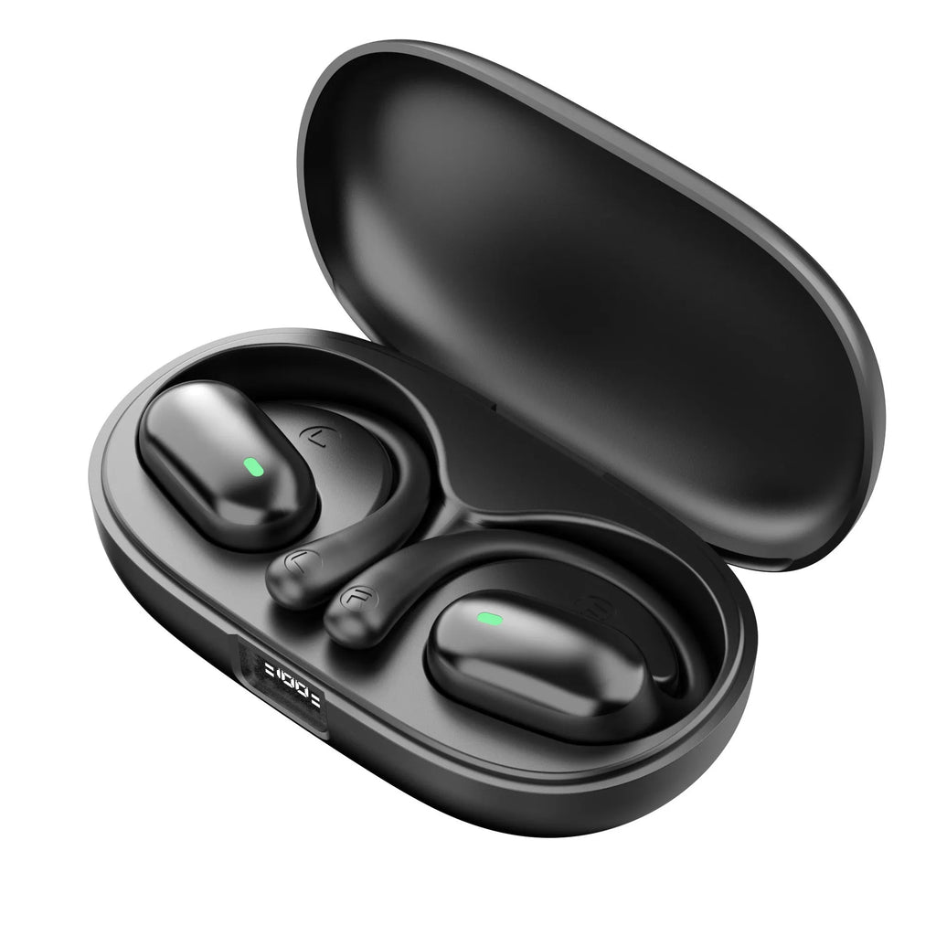 Bone conduction sports headset in black with ear hook design and digital battery display