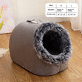 Grey fleece-lined enclosed cat sleeping bag nest showing closed design with warm interior