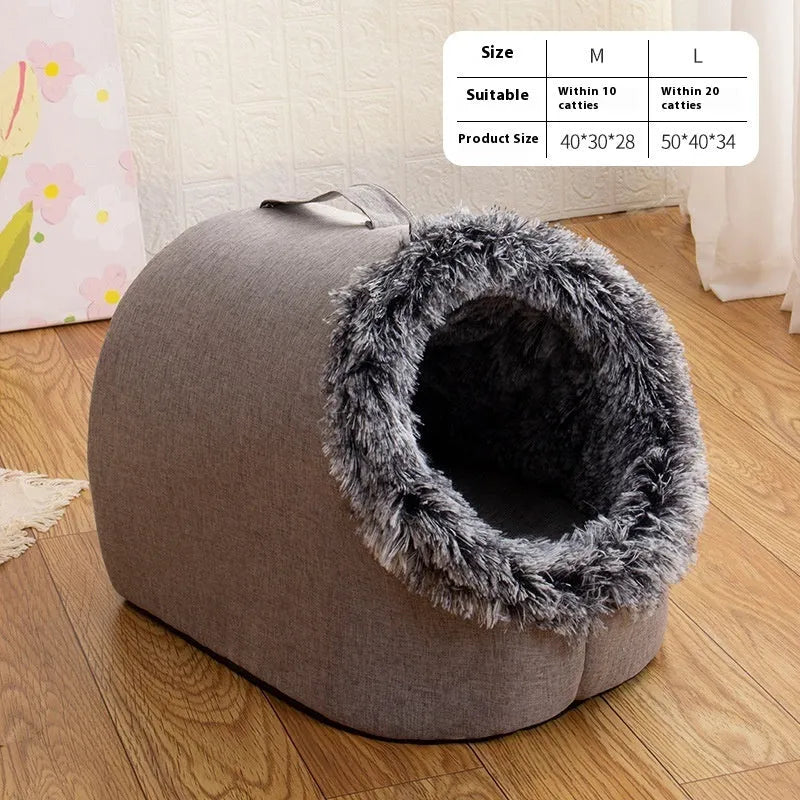 Grey fleece-lined enclosed cat sleeping bag nest showing closed design with warm interior