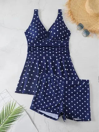 Blue polka dot print plus size women's bikini swimsuit with split skirt design