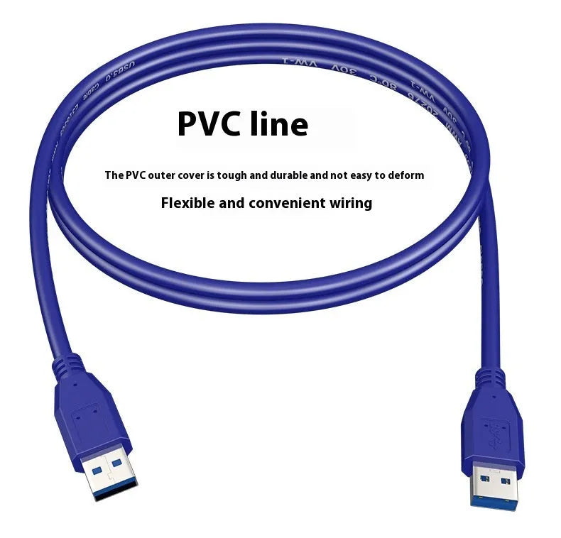 USB 3.0 male to male data cable for external hard drives, showing nickel-plated connectors.