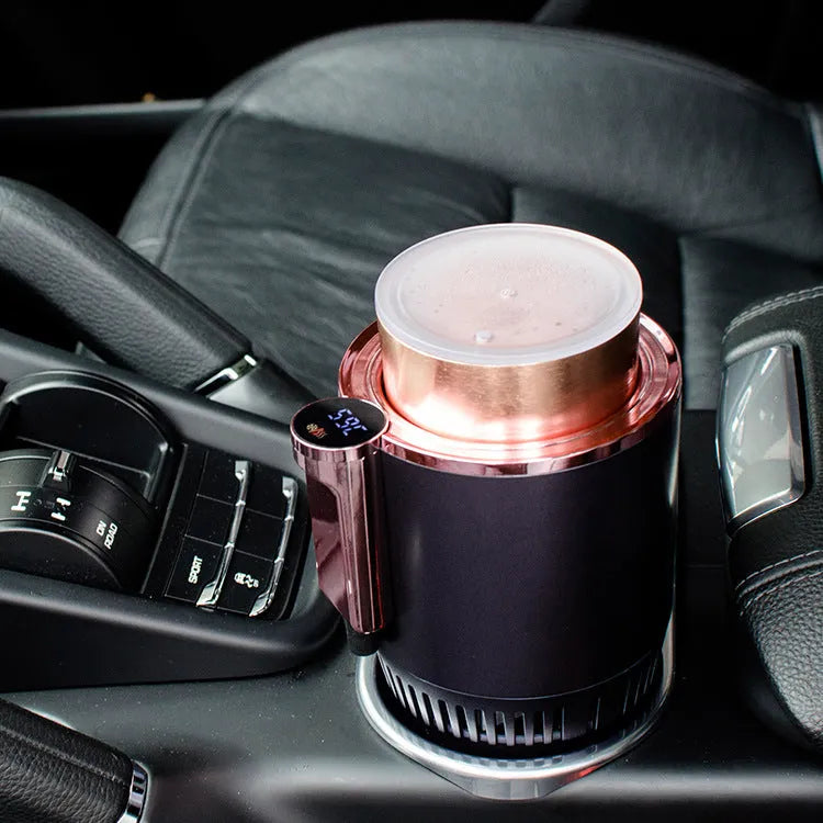 Black car cup holder with digital temperature display showing heating and cooling functions for 12V vehicle use