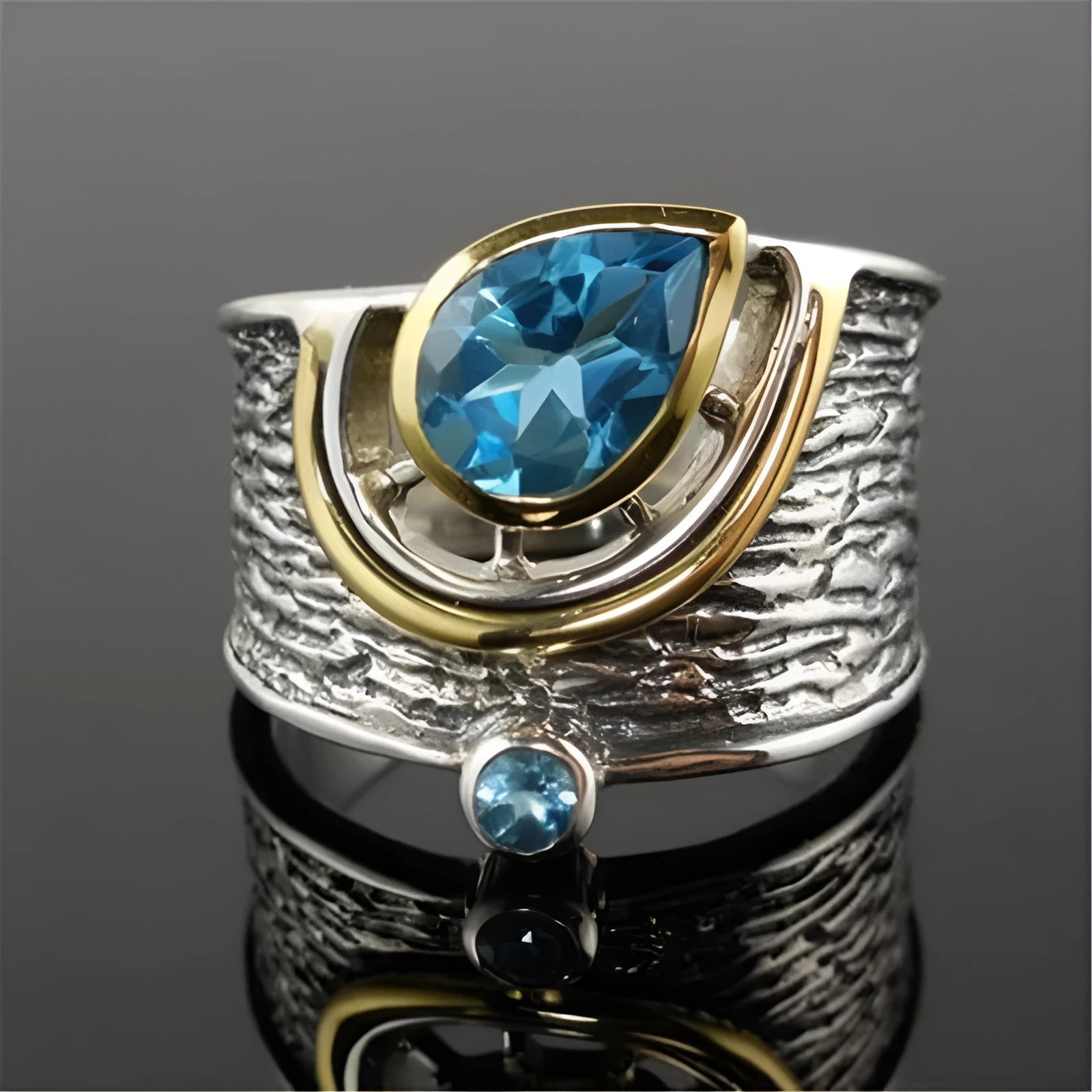 Women's blue Chinese style rhinestone zircon ring with drop shape design on alloy base