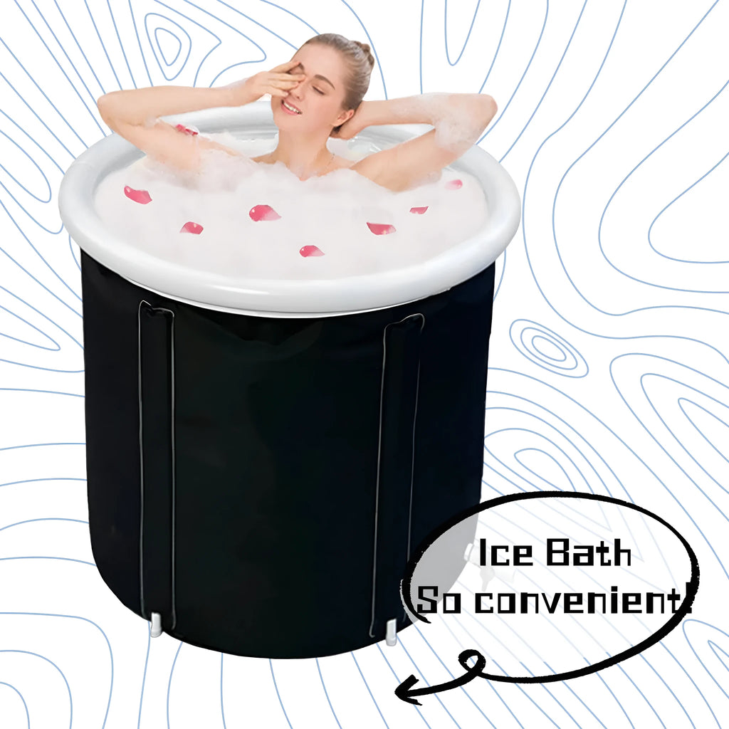 Black portable PVC ice bath with all-weather lid and included air pump accessories