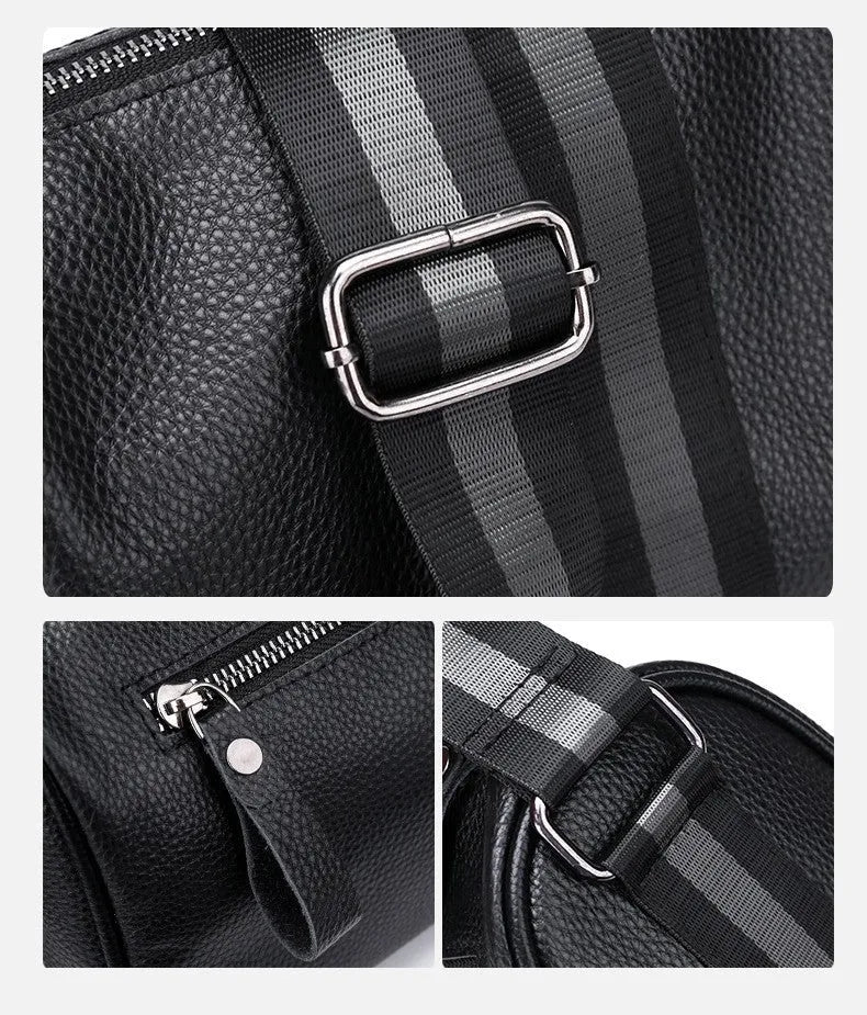 Black genuine leather one-shoulder crossbody bag showing 24cm width