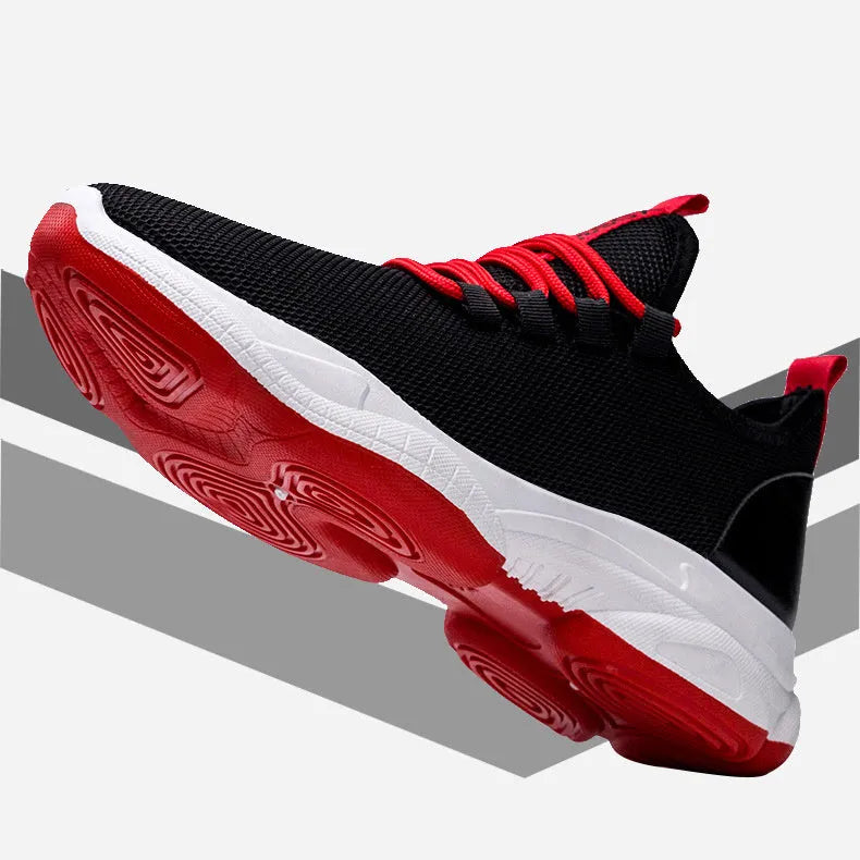 Men's black white breathable mesh lace-up casual sneakers with plastic sole and flat heel