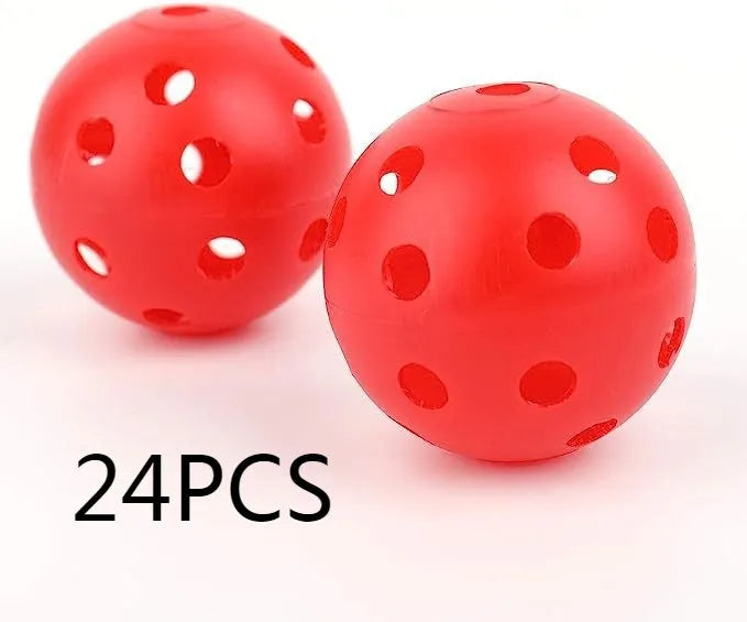 Multi-colour 26-hole golf practice balls in red, orange, blue, green, white, and yellow, displayed in a net bag.