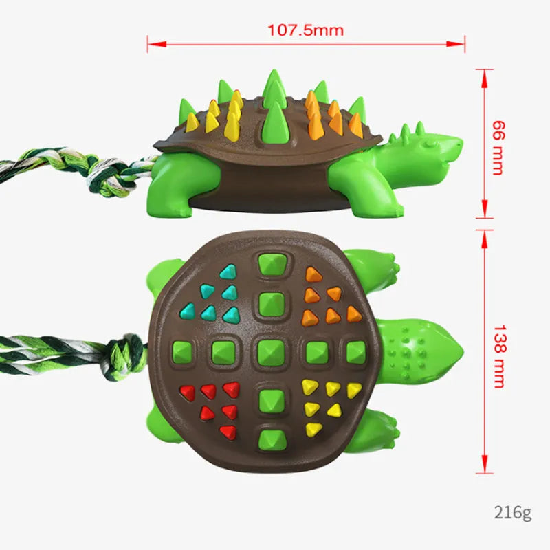 Mint-flavoured dinosaur knot dog chew toy made from natural rubber, shown in blue and chocolate colour.