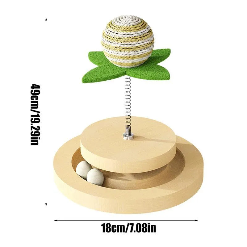 Green sisal cat toy with two-layer ball track and rotating spring ball mechanism
