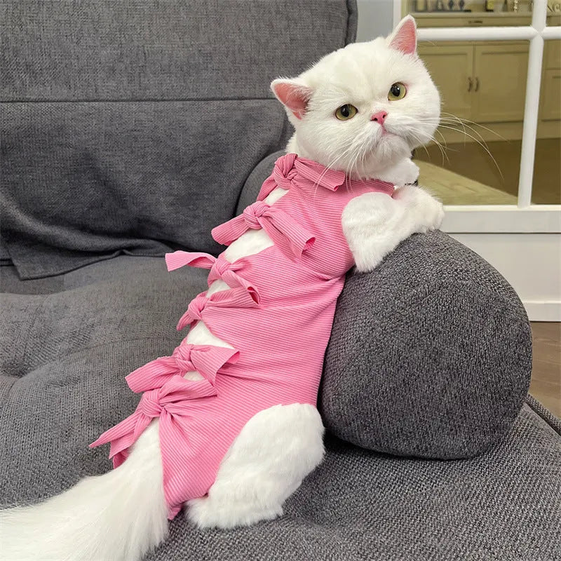Lace-up cat sterilisation clothing in pink on a cat, showing the adjustable ties and full-body coverage.