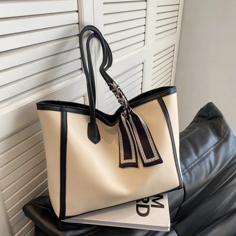 Soft PU leather horizontal square tote shoulder bag with open outer pocket