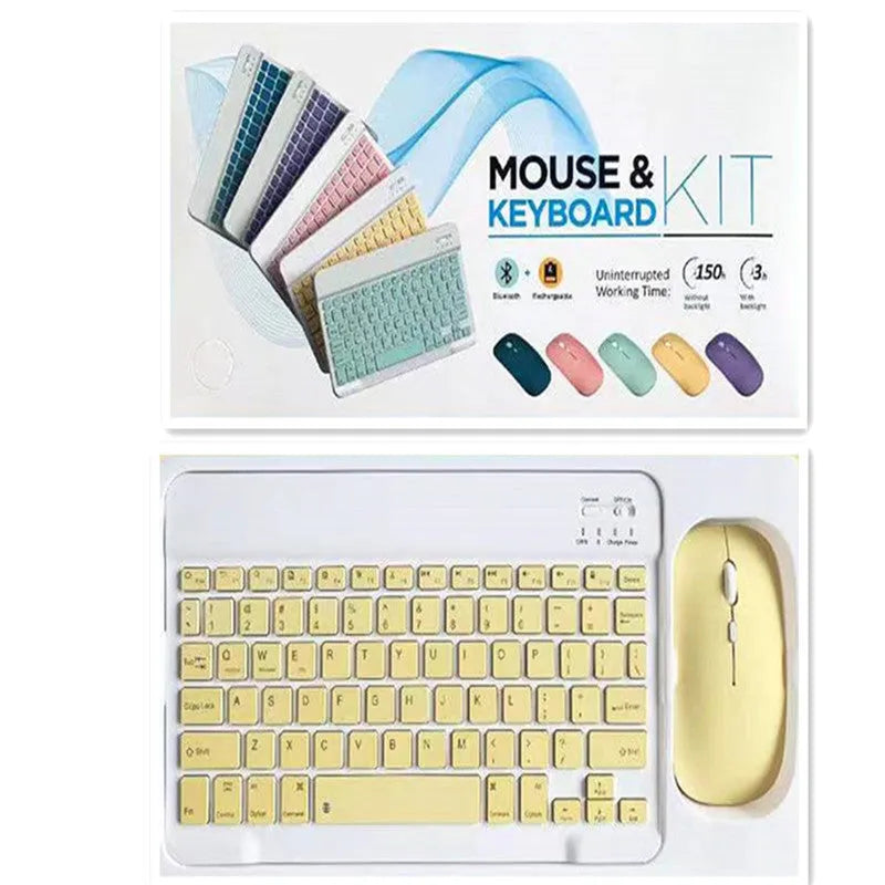 10-inch Bluetooth wireless keyboard and 7-inch mouse set shown in various colours on a desk.