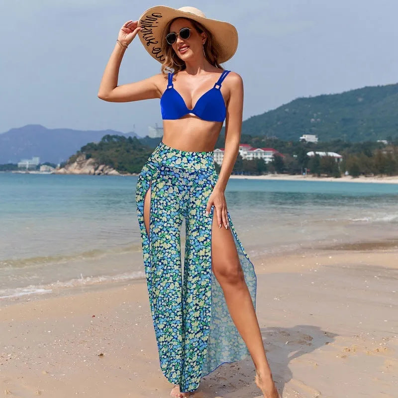 Women's polyester bikini three-piece swimsuit set with printing pattern