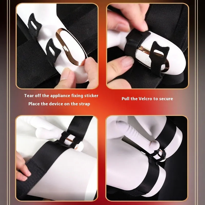 Black knitted appliance strap for women's sex toy tools on plain background