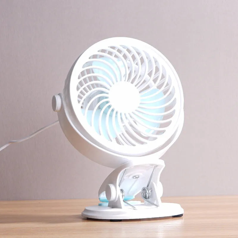 USB-powered compact desk fan showing clip and floor-standing styles with three blades