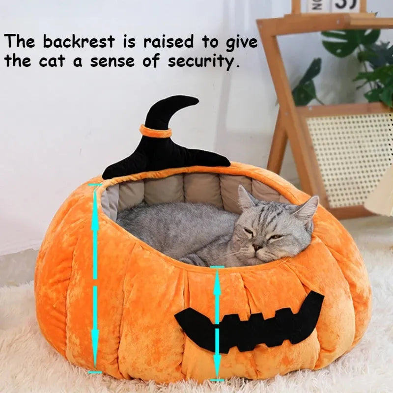 Halloween pumpkin devil design plush cat bed for cats and small dogs in orange colour