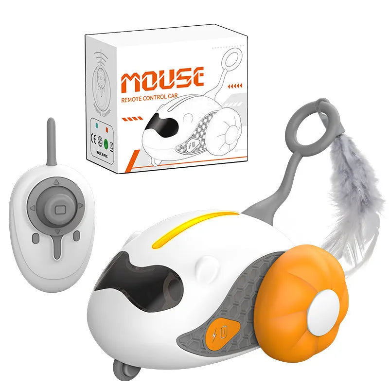 Blue remote control cat toy car with feather attachment for interactive pet play