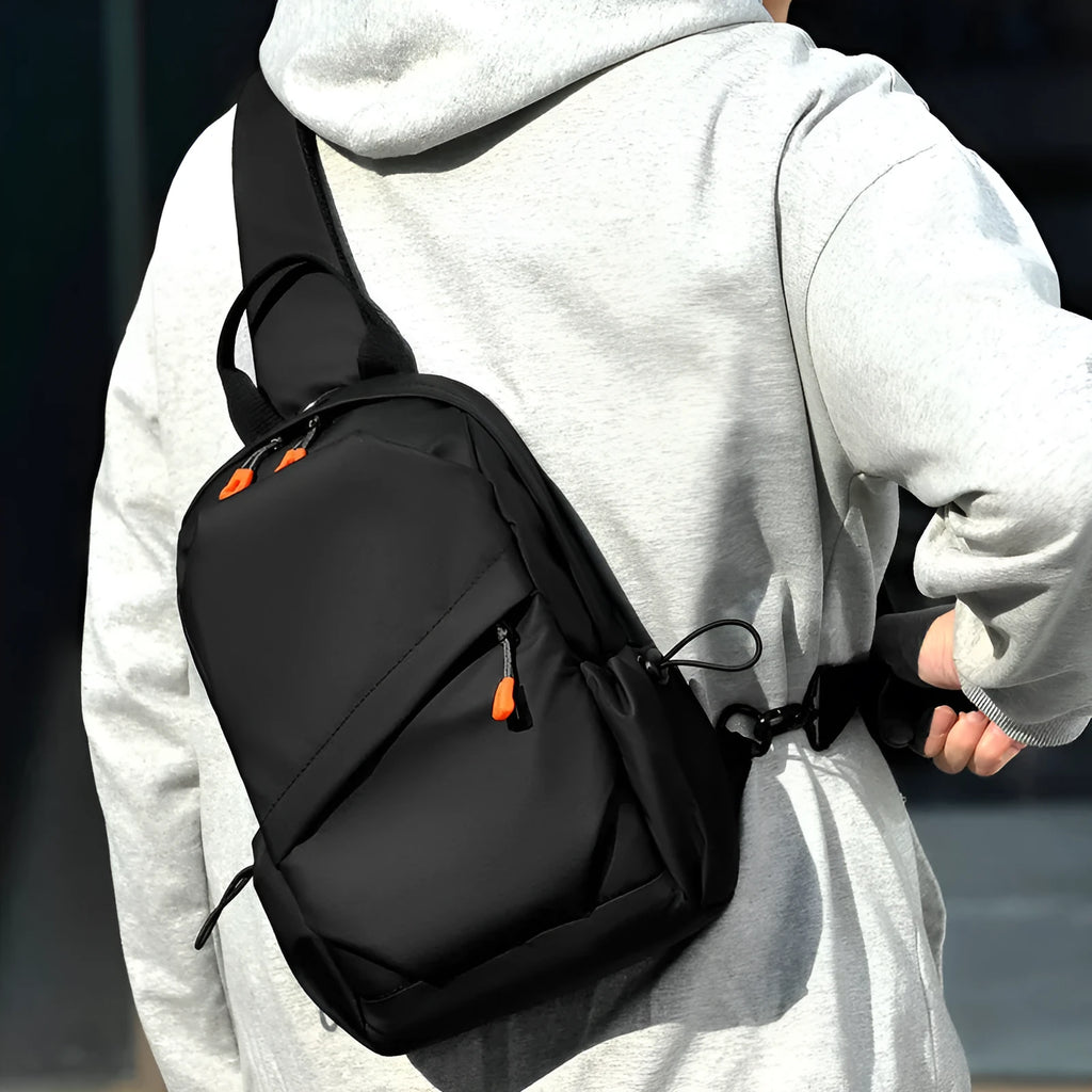 Mens black polyester crossbody bag with single shoulder strap
