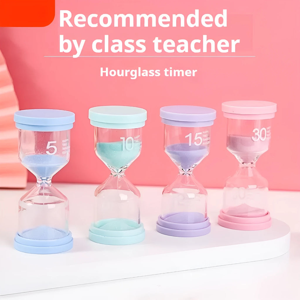 Glass sand clock timer showing coloured sand flow with blue, green, pink, and purple colour options