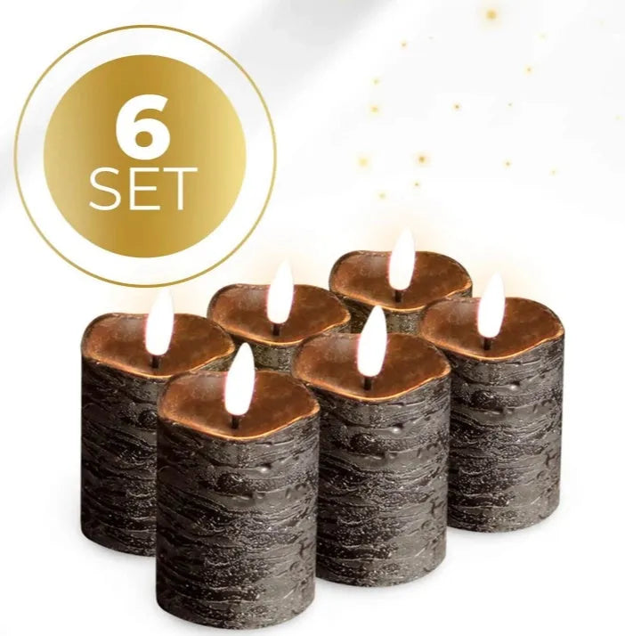 Four black LED pillar candles with battery-operated flameless design for indoor outdoor use